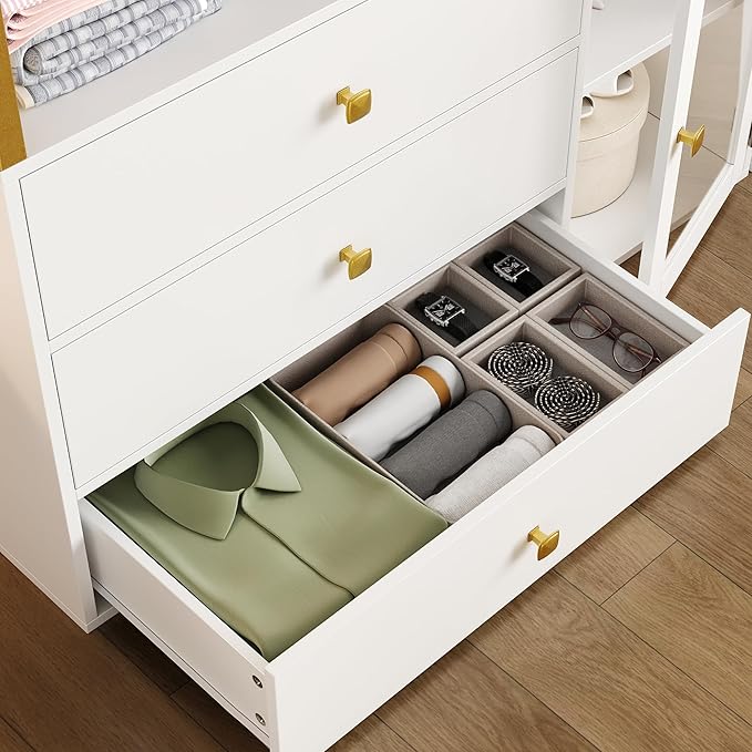 2pcs Closet Organizer System, Wardrobe Closet with 3 Wooden Drawers, Clothes Rack with Hanging Rods and 4 Tiers Shelves, Garment Rack with Metal Frame, White and Gold