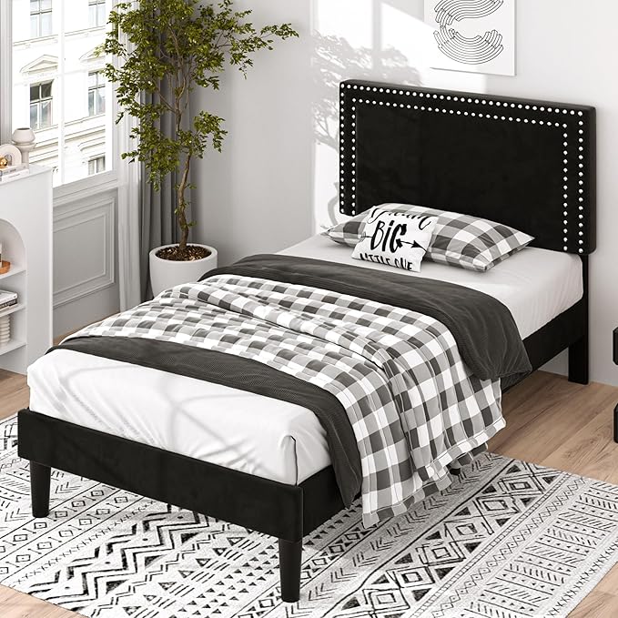 VECELO Twin Size Platform Bed Frame with Adjustable Upholstered Headboard, Nailhead Decor, Strong Wood Slat Support, No Box Spring Needed, Easy Assembly