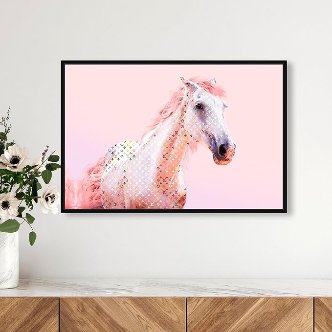 Country Farmhouse Canvas Print Painting Animal Wall Art 'Pink Glam Horse' Black Framed Canvas Rustic Home Décor 24x16 in Pink, White by Oliver Gal