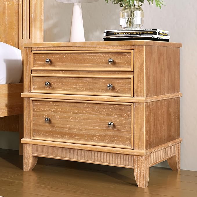 Merax Wooden Hazel 3-Drawer Nightstand, Mid-Century Modern Night Stand with Storage Drawers, Bed Sofa Side End Table, Dressers Organizer Vertical Storage Tower Tables for Bedroom & Living Room, Brown