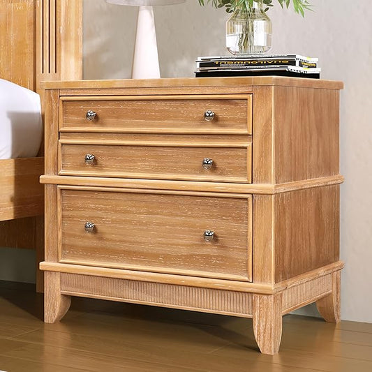 Merax Wooden Hazel 3-Drawer Nightstand, Mid-Century Modern Night Stand with Storage Drawers, Bed Sofa Side End Table, Dressers Organizer Vertical Storage Tower Tables for Bedroom & Living Room, Brown