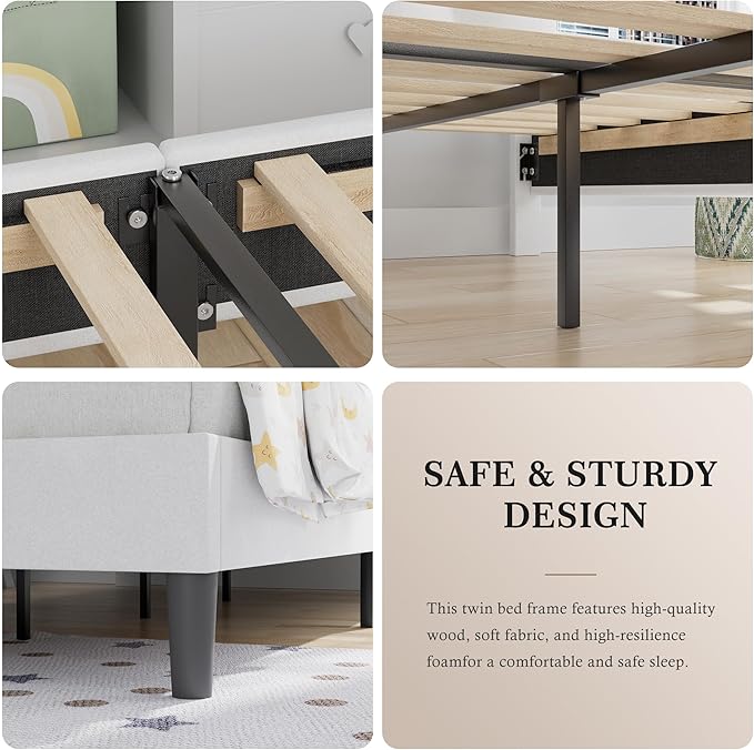 VECELO Twin Size Bed Frame with Upholstered Headboard, Heavy-Duty Bedframe with Wooden Slats & Steel Framework, Easy Assembly, Pure White