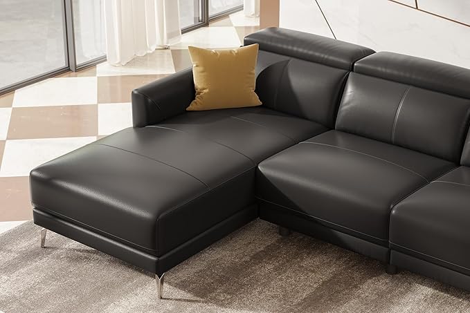 Valencia Andria 99.5" Reclining Leather Sectional Sofa, 3 Seater Reclining Couch with Left Hand Chaise | Italian Nappa 11000 Top Grain Leather | Power Reclining Seat with Adjustable Headrests - Black