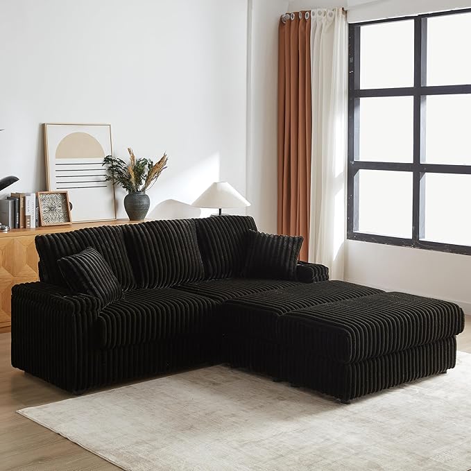 Corduroy Upholstered Modular Sectional Sofa Cloud Couch with Movable Ottoman, 84" Oversized Loveseat Convertible Sleeper Sofabed with 3 Cushion Backrest and Throw Pillows