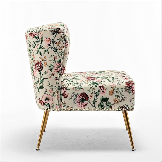 Thia Armless Accent Chair for Living Room, Elegant Seat with Nailhead Trim, Gold Metal Legs and Comfortable Curved Back, 28" D x 25" W x 29.5" H, 03 Floral Print