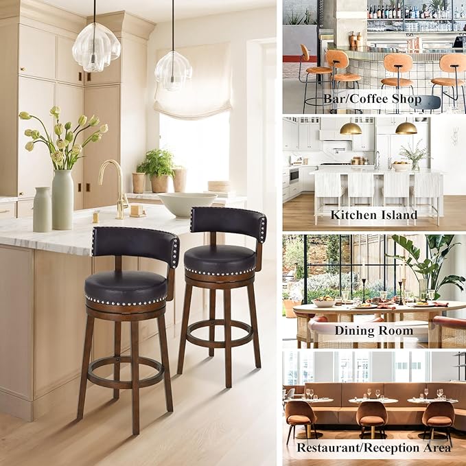 COLAMY Swivel Bar Stools Set of 2, 30 Inch Swivel Bar Height Bar Chairs, Modern Upholstered Wood Barstools with Back for Kitchen Island Dining Room, Dark Brown