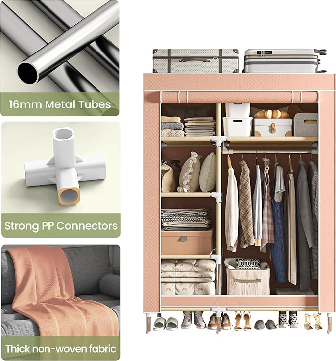 Portable Wardrobe, Simple Wardrobe, with 5 Shelves, Hanging Rod and Non-Woven Fabric Cover, Suitable for Small Spaces.(Pink, 41.3 in)