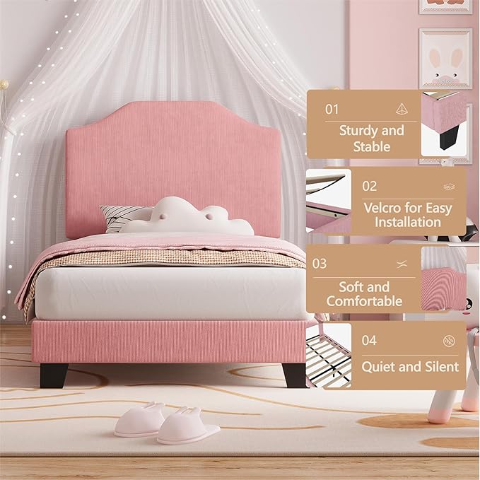 Twin Size Velvet Bed Frame, Corduroy Upholstered Twin Bed Frames Platform with Adjustable Headboard, Cute Velvet Twin Bed, Strong Wooden Slats, No Box Spring Needed, Noise Free, Easy Assembly, Pink