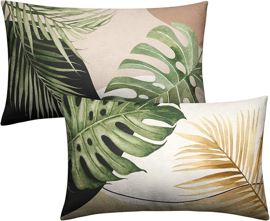 Summer Tropical Leaf Pillow Covers 12x20 Set of 2 Monstera Palm Leaf Lumbar Throw Pillow Cover Green Banana Leaves Botanical Plant Outdoor Rectangle Pillow Case for Living Room Couch Sofa