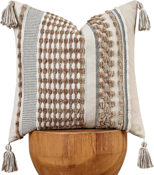 AmHoo Chenille Striped Textured Boho Throw Pillow Covers Aesthetic with Tassels Woven Decorative Pillow Case for Couch Bed Sofa Bedroom Modern Funky 18 x 18-Inch Taos Taupe