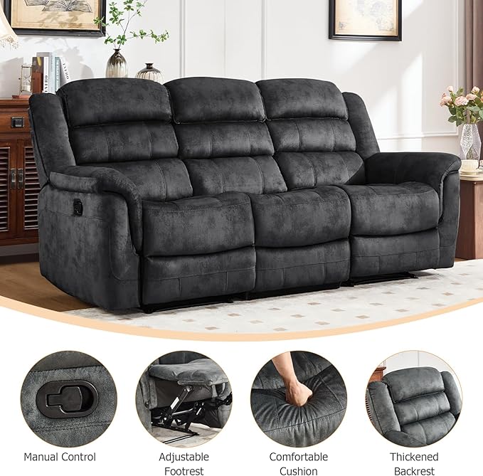 EBELLO 2 Pieces Reclining Couch Furniture Set, Soft Fabric Manual Recliner Sofa Home Theater Seating, Included Recliner Chair and 3 Seat Sofa, Grey
