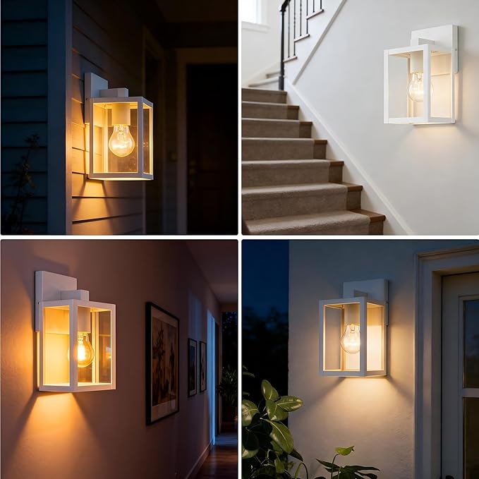 2 Pack Small Porch Sconce Lights-White 9 Inch Outdoor Wall Lantern Light Exterior Sconce Metal and Glass White Outside Wall Light for Hallway Entrance Garage Balcony