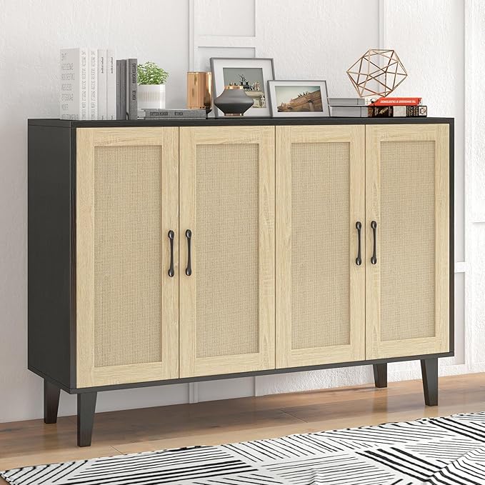 Panana Buffet Storage Cabinet with Rattan Decorating 4 Doors Living Room Kitchen Sideboard 48.43 x 34.65 x 15 inch (Black)