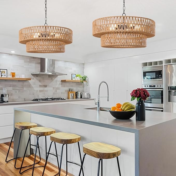 LamQee 22 Inch Farmhouse Rattan Chandeliers, 5 Lights Boho Chandelier Light Fixture with Hand Woven Wicker Shade, Large Rattan Pendant Lights Ceiling Hanging Lighting for Dining Room Kitchen Island
