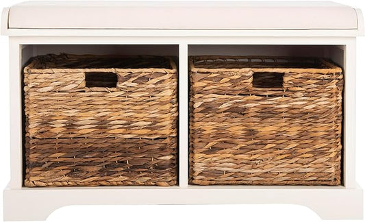 SAFAVIEH Home Collection – Freddy Vintage White Storage Bench with Wicker Baskets & Cushion, Entryway Seating Bench, Fully Assembled (AMH5736D)
