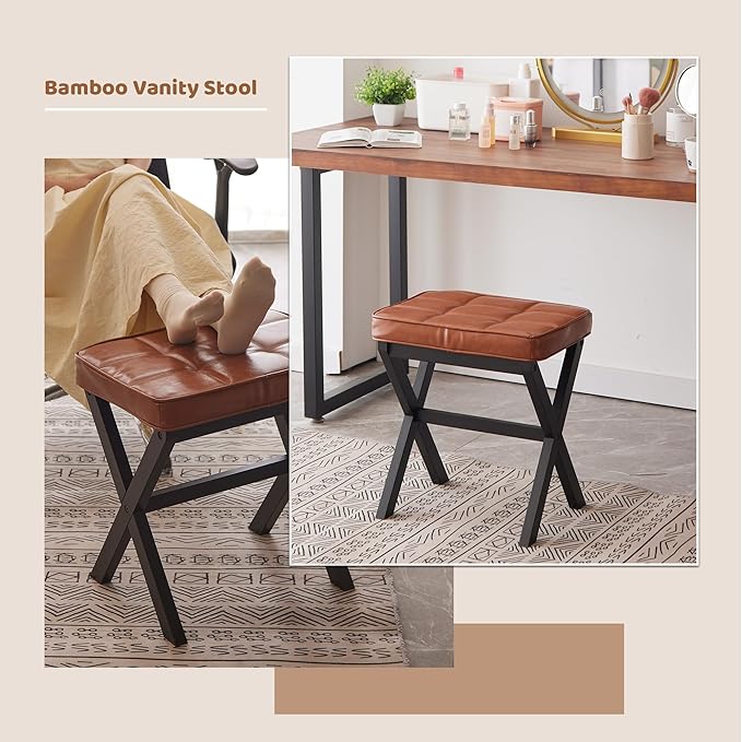 FILWH Foot Stool Small Ottoman Foot Rest Padded Foot Stool Desk for Under Office Desk Vanity Stool Bamboo Footstool Sofa Footrest Shoe Stool Small Foot Stools (Black Legs + Reddish Brown)