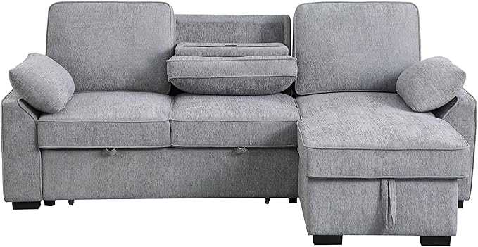 ERYE L-Shaped Pull Out Sleeper Couch Bed, Modern Chenille Upholstered Button Tufted Corner Couch Reversible Sectional Sleeper Sofa Bed W/Storage Chaise, Cup Holders