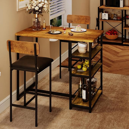 Amyove Dining Table Set for 2, Bar Table and Chairs for 2, Kitchen Table Set with 2 Upholstered Chairs, 3 Large Storage Shelves, Pub Table Set for Small Space, Apartment, Breakfast, Rustic Brown