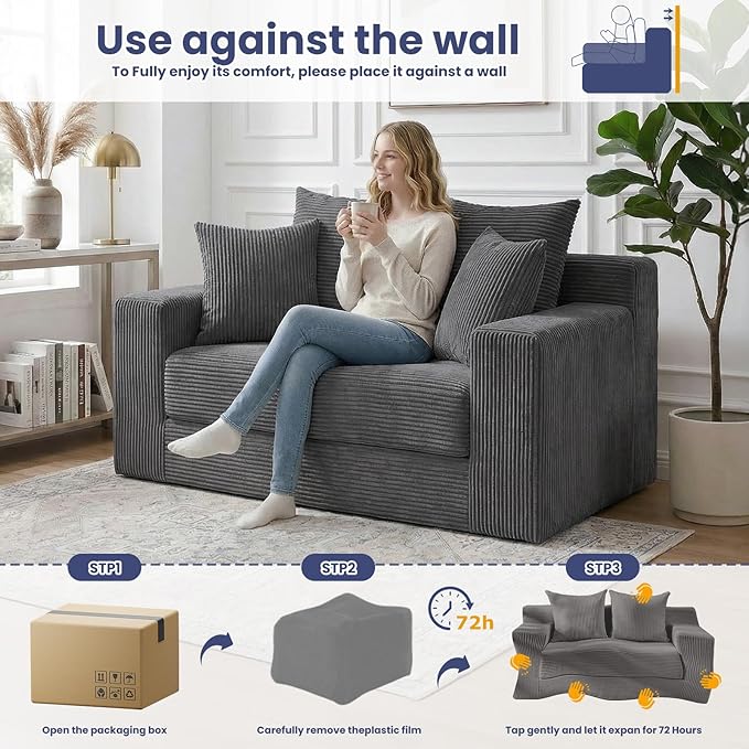 3-in-1 Convertible Sofa Bed: Boneless Loveseat Sleeper & Folding Couch Bed with 4 Pillows & Detachable Cushion for Bedroom, Small Space, Guest and Living Room, Corduroy Futon, No Assembly,Grey