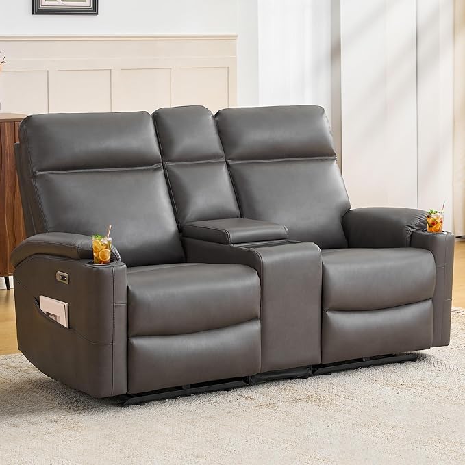 Power Recliner Loveseat, Electric Reclining Sofa with Wireless Charger, Wall Hugger Loveseat Recliner with Extended Footrest, 2-Seater Couch for Living Room, RV & Office (Grey)