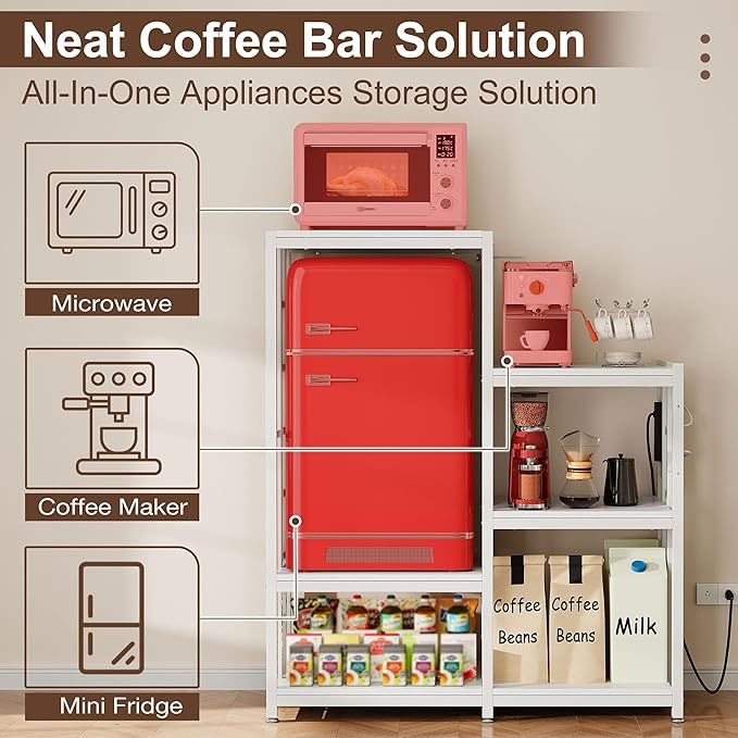 Mini Fridge Stand Coffee Bar Cabinet Station With Small Refrigerator Insert Storage Space, Shelf Organizer For Dorm Microwave To Sit, White Baker Rack With Power Outlet, Big Table To Go Over Fridge