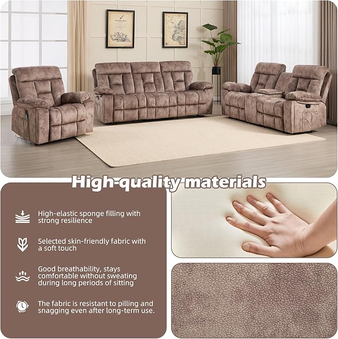 CANMOV Reclining Sofa Set, 3 Pieces Recliner Sofa Set, Power Lift Recliner Chair, Reclining Loveseat and 3-Seat Sofa for Living Room, Camel-Brown