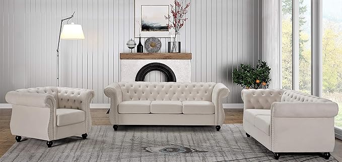 Container Furniture Direct Feinstein Modern Velvet Chesterfield Couches for Living Room with Nailheads, Diamond Tufting & Durable Metal Frame, Chair, Loveseat & Sofa, Ivory