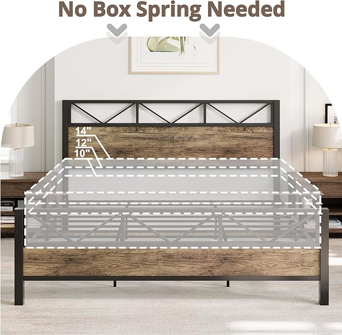 LIKIMIO Queen Bed Frame, Tall Industrial Headboard 51.2 ", Platform Bed Frame with Strong Metal Support, Solid and Stable, Noise Free, No Box Spring Needed, Easy Assembly, Rustic Maple