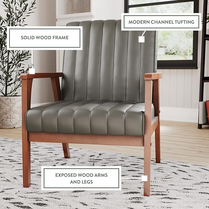 Edenbrook Carlton Exposed Wooden Arm Accent Chair for Living Room-Real Wood-Modern Channeled Tufting, Gray (EH0005CHR00FG)