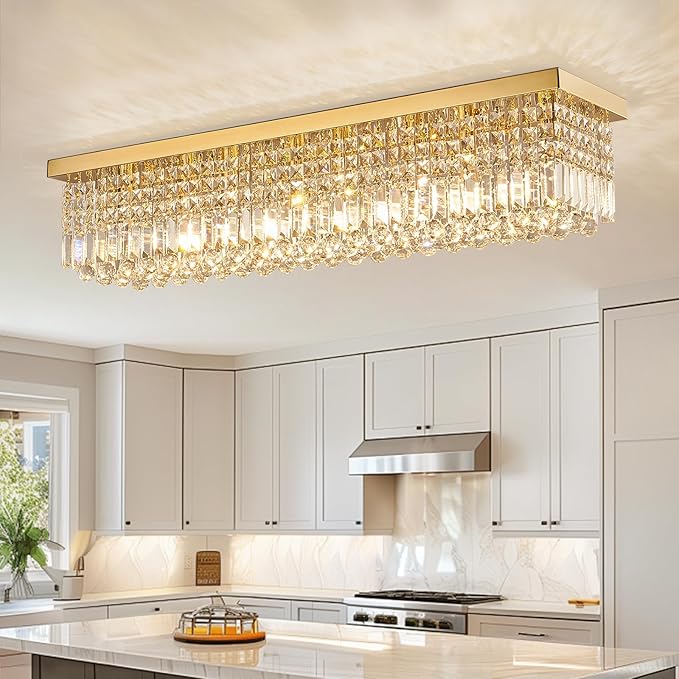 Siljoy Modern Gold Crystal Chandelier for Dining Room, 8-Light Rectangular Flush Mount Crystal Raindrop Chandelier, Luxury Dimmable Crystal Ceiling Light for Living Room Kitchen Island Bar L40''