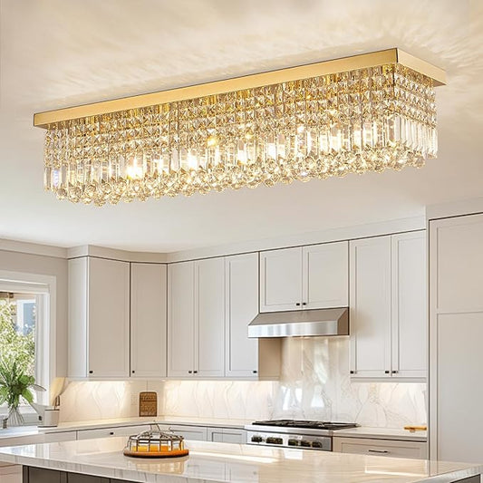 Siljoy Modern Gold Crystal Chandelier for Dining Room, 8-Light Rectangular Flush Mount Crystal Raindrop Chandelier, Luxury Dimmable Crystal Ceiling Light for Living Room Kitchen Island Bar L40''