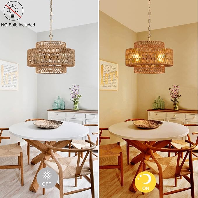 17.8" Boho Rattan Chandelier Light Fixture, 4-Light Golden Hand Woven Pendant Light Fixture Farmhouse Rustic Wicker Chandeliers for Kitchen, Bedroom, Dining Room, Living Room, Hallway, Foyer