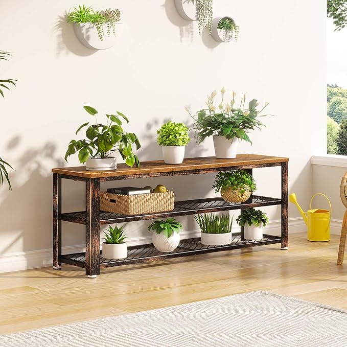 Rolanstar Shoe Bench, 3-Tier Shoe Rack, 40” Storage Entry Bench with Mesh Shelves Wood Seat, Rustic Foyer Bench for Hallway Front Door, Doorway, Living Room, Mudroom, Steel Frame, Rustic Brown