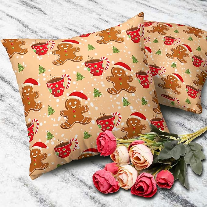 Christmas Orange Gingerbread Man Throw Pillow Cover Xmas Trees Candy Cane Hot Cocoa Snowflake Pillow Case Covers 22x22 In Christmas Cute Celebration Graphic Cushion Cover for Home Couch Sofa, 2 Pack