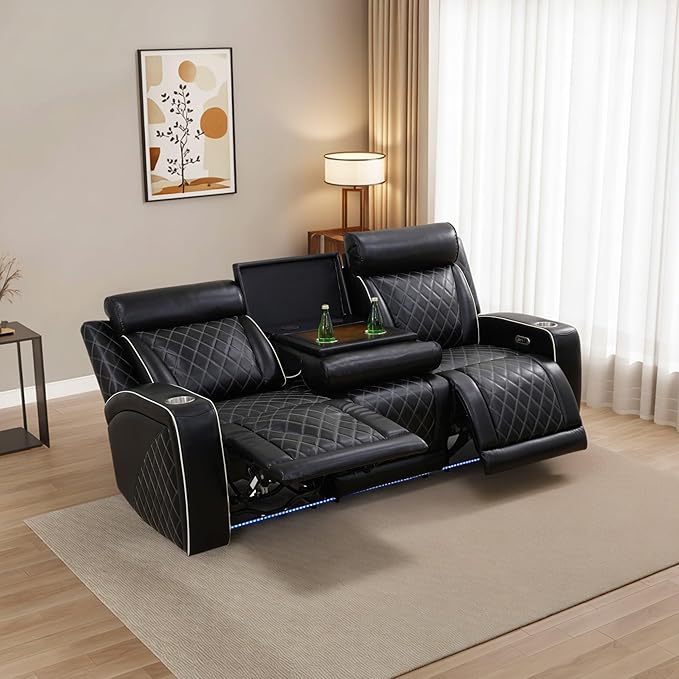 Breathing Leather Power Reclining Sofa, Living Room Furniture with 2 Recliners, 3 Seater Leather Couch with Flip-Down Table/USB Charging for Office/Home Theater (Black New, 3-Seat Sofa)