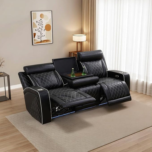 Breathing Leather Power Reclining Sofa, Living Room Furniture with 2 Recliners, 3 Seater Leather Couch with Flip-Down Table/USB Charging for Office/Home Theater (Black New, 3-Seat Sofa)