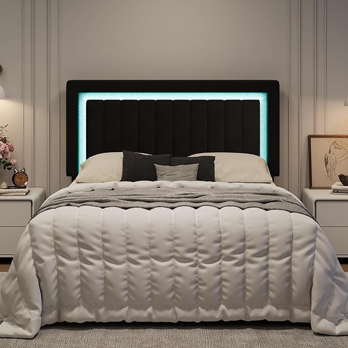 SHA CERLIN Full Size Velvet Bed Frame with LED Light, Adjustable Vertical Channel Tufted Headboard, Strong Wooden Slats Support, Noise-Free, No Box Spring Needed, Black