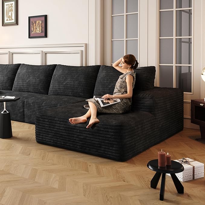 135" Corduroy Couch Sectional with Chaise, L Shape Boneless Cloud Couches for Living Room Bedroom, Fluffy Deep Seat Compression Sofa, Modular Corner Couch No Assembly, Right Facing Chaise, Black