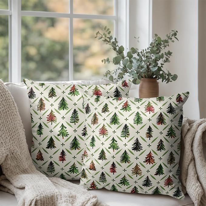 Christmas Throw Pillow Covers 22x22 Set of 2 Watercolor Green Red Xmas Tree Rustic Style Print Decorative Pillow Cases Winter Farmhouse Holiday Outdoor Pillowcase for Couch Sofa Porch