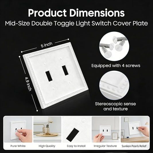 EFTV 10 Pack Mid-Size Toggle Light Switch Wall Plates 2-Gang Switch Electrical Cover Plate Unbreakable Thermoplastic Faceplate, Classic Beaded Relief Design, White