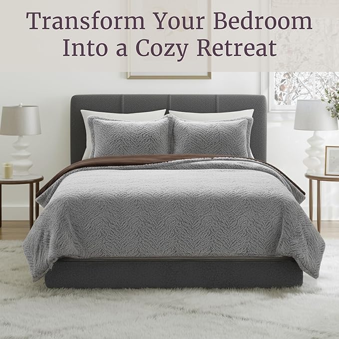 Lavish Home King Size Comforter Set - 3-Piece Mink-Style Faux Fur Blanket and 2 Shams - Cozy Machine-Washable King Bedding Set (Grey/Chocolate/Black)
