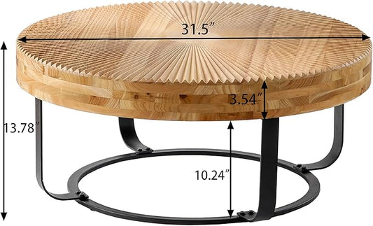 Wood Round Coffee Table, Farmhouse Circle Coffee Table with Metal Base, 31.5" Round Center Table for Living Room Office Natural+Black