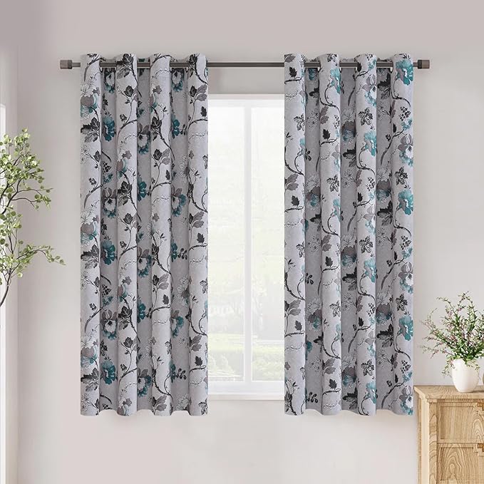 H.VERSAILTEX Blackout Curtains for Bedroom/Living Room Thermal Insulated Printed Curtain Drapes 63 Inches Long Energy Efficient Room Darkening Curtains Pair (2 Panels), Vintage Floral Grey & Teal