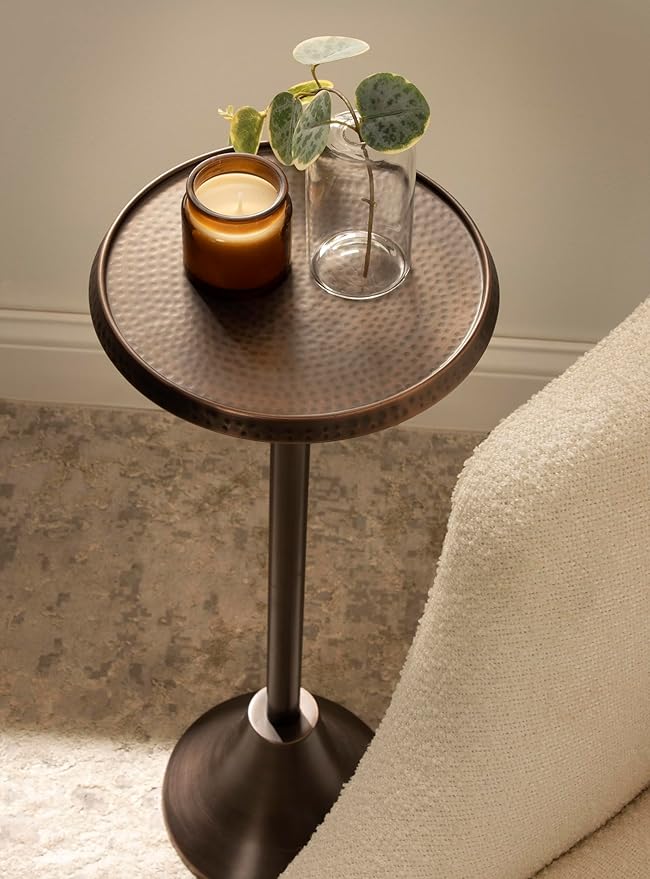 Kate and Laurel Sanzo Modern Pedestal Drink Table; 9 x 9 x 23; Bronze; Decorative End Table with Hammered Tabletop