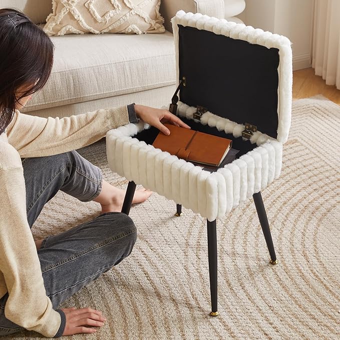 Vanity Stool Chair, Faux Fur Ottoman Foot Stool, Flip Top Storage Makeup Ottoman with Soft Padded Seat, for Makeup Room, White YD-MS151W