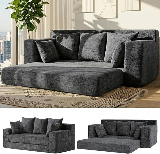 Convertible Sofa Bed, 5 in 1 Small Boneless Couch Pull Out Loveseat Sleeper Sofa,Corduroy Futon Couch Folding Mattress with 4 Pillows for Living Room Bedroom Lounge (Dark Gray, 3 Seater)