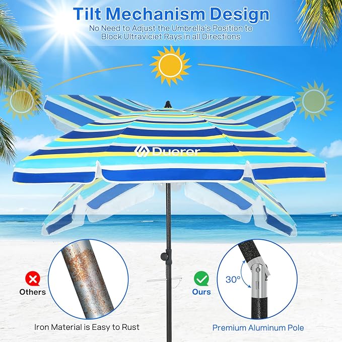Duerer Beach Umbrellas, 7.5FT Beach Umbrella for Sand with Anchor Heavy Duty Windproof, Height Adjustable Tilt Iron Pole, Portable Beach Umbrella with Carrying Bag for Beach, Patio Garden Outdoor