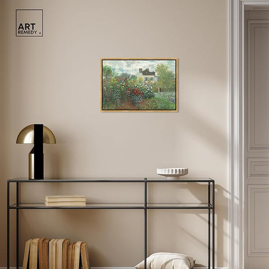 Art Remedy Monet-Garden With Dahlias Impressionism Classic Landscape Paintings Canvas Wall Art, Gold Floater Frame, 20"x30"
