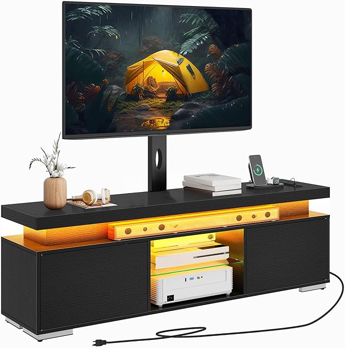 DWVO TV Stands for Living Room, Modern TV Stand for 70/65 inch TV with Mount & Power Outlet, LED Black Entertainment Center with Storage, Gaming Media Stand, Black