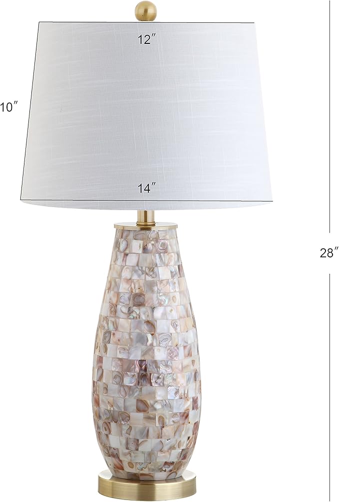 JONATHAN Y 28" Natural Mosaic Seashell Table Lamp, Coastal Contemporary Resin Lamp for Living Room Bedroom, White Linen Shade, Brass Gold Accents, LED Bulb Included JYL4005A